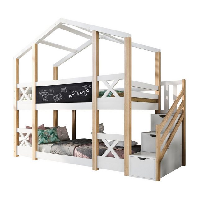 Sweiko Etagenbett, Kinderbett, Hochbett mit Treppe mit 3 Schubladen, 90*200cm