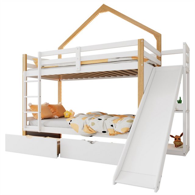 Sweiko Etagenbett Kinderbett,Hausbett,Coole Lichtstreifen,Holzbett (Zwei Schubladen vier gerade Stufen,Unterbettschublade mit Laufschienen, 1-St., mit Dach und Fenster, Kiefer+MDF), weiß+Natur,90x200cm,ohne Matratze