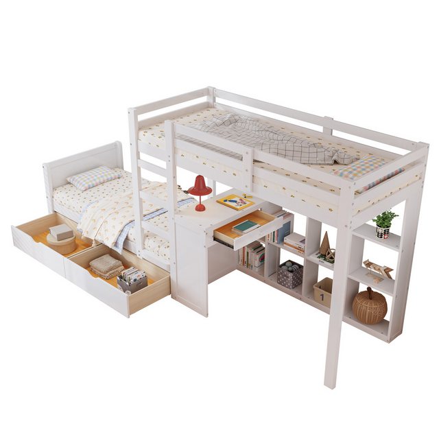 Sweiko Etagenbett Multifunktionales Kinderbett Jugendbetten Funktionsbetten (mit 2 Schubladen und Schreibtisch,mit dreistufiger LeiterStabile Lattenroste,Offenes Regal, 1-St., Design des Sicherheitszauns,Rahmen aus Kiefer,Kiefer+MDF), Weiß, 90x200cm,ohne Matratze