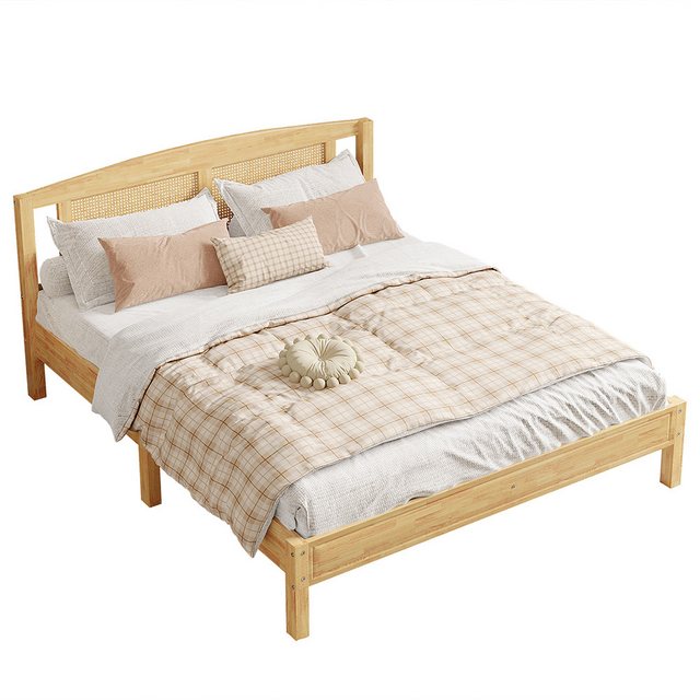 Sweiko Holzbett Doppelbett Rattanbett Holzbett Jugendbett Erwachsenenbett (Rattannetzkissen mit 15 Latten und Mittelfüße, 160X200cm Kiefer + PE-Rattan), Natur ohne Matratze