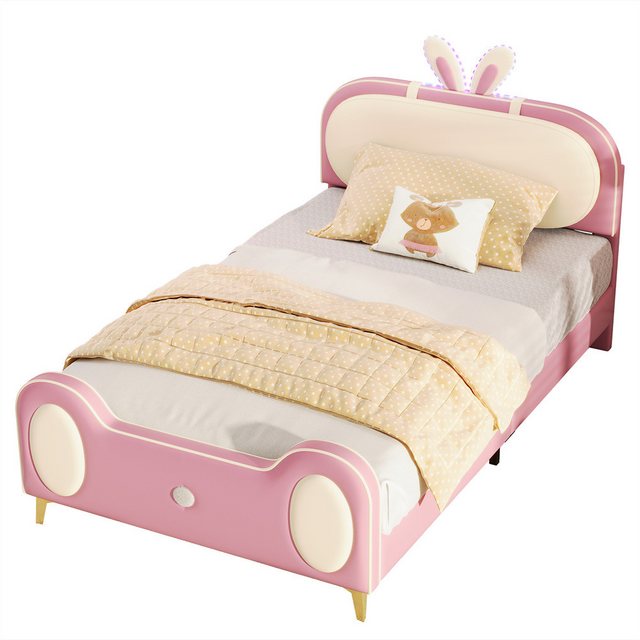 Sweiko Kinderbett Einzelbett Kaninchen Kopfteil Polsterbett (Funktionsbett mit Holzlatten, LED-Streifen, Mit Massivholz- und Eisenrohrrahmen,MDF+PU-Ledermaterial), Beige+Rosa, 90×200 cm, ohne Matratze