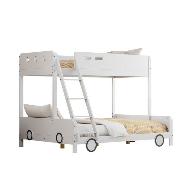 Sweiko Kinderbett Etagen-Kinderbett aus Holz, (Kinder-Familienbett, Etagenbett, Massivholzrahmen, Autoform), oberes Bett 90*200cm, unteres Bett 140*200cm,Weiß