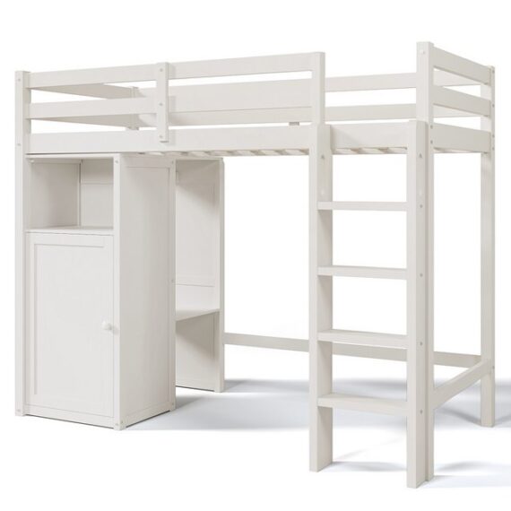 Sweiko Kinderbett Hochbett (mit Kleiderschrank und Regalen,Kinderbett mit Lattenrost und Rausfallschutz), Einzelbett 90x200 cm,Weiß