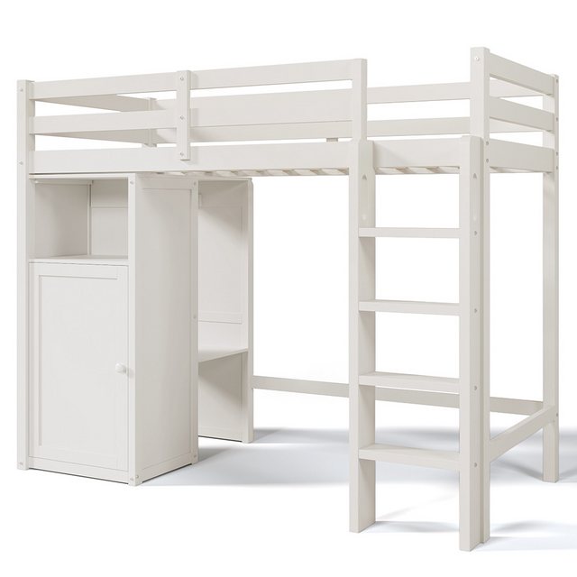 Sweiko Kinderbett Hochbett (mit Kleiderschrank und Regalen,Kinderbett mit Lattenrost und Rausfallschutz), Einzelbett 90×200 cm,Weiß