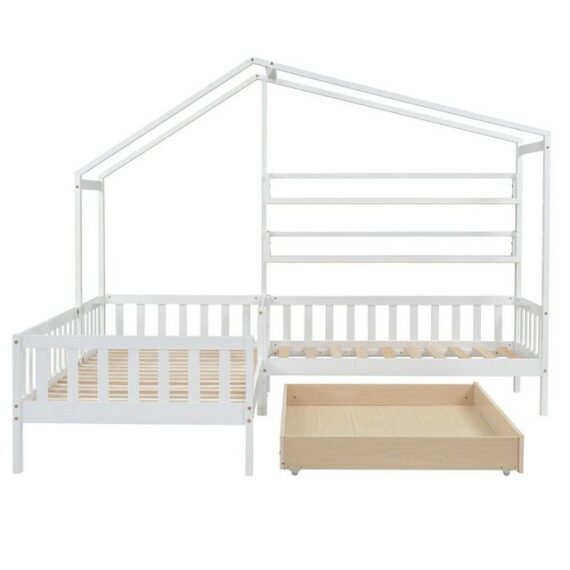 Sweiko Kinderbett (Kombinationsbett), Hausbett mit Schubladen, Regalen und Lattenrost, 90x200 cm+140x70cm