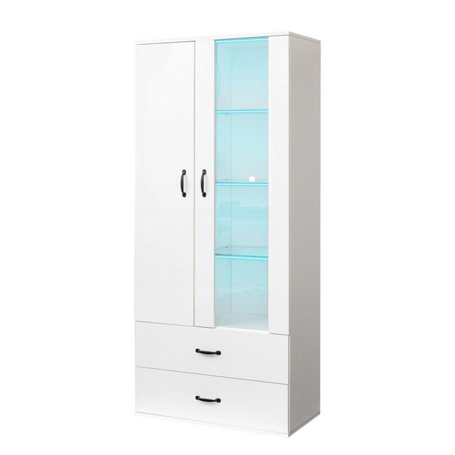 Sweiko Standvitrine (Vitrine mit Glastüren und 2 Schubladen) Lagerschrank mit LED-Beleuchtung