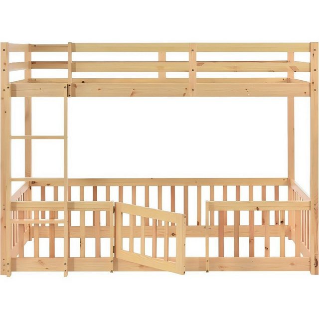 TavilaEcon Etagenbett Kinderbett Holzbett mit Zäune und Türchen, rechtwinkliger Treppe, 90×200 cm