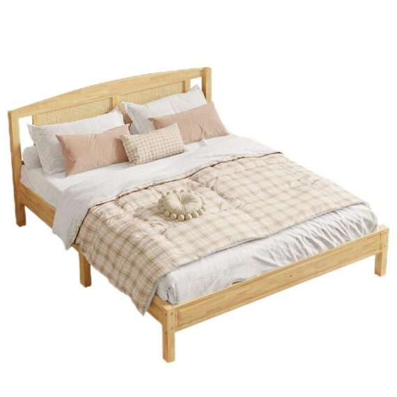 TavilaEcon Hochbett 160x200cm Doppelbett Rattanbett Jugendbett Erwachsenenbett mit Rattannetz Kopfteil, Kiefer + PE-Rattan, Natur