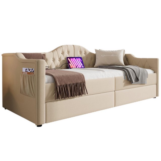 TavilaEcon Polsterbett Daybett mit USB Type C Ladefunktion und 2 Schubladen, Schlafsofa Stauraumbetten Bettgestell, 90x190cm, Leinen