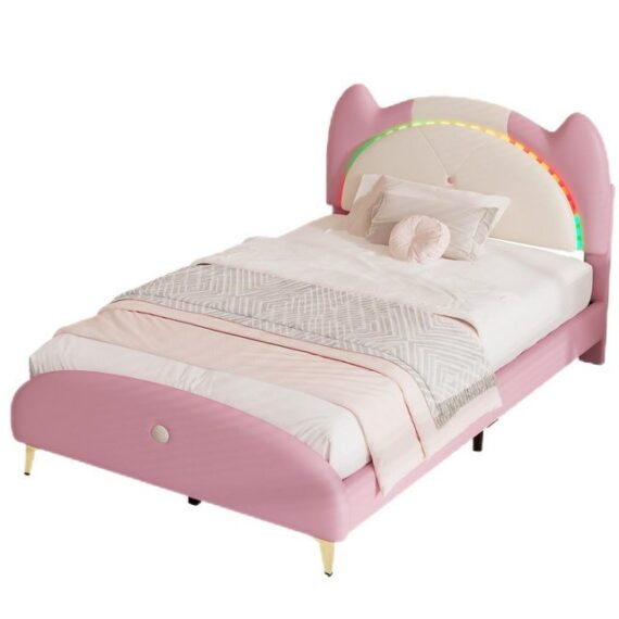 TavilaEcon Polsterbett Kinderbett Jugendbett mit LED-Streifen, weicher Schwamm + PU-Leder, Beige+Rosa, 90x200cm