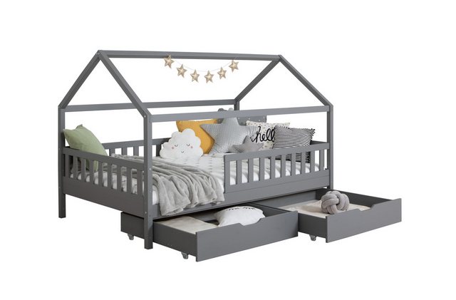 Ticaa Hausbett Kay mit Rausfallschutz und Schubkasten aus Kiefer, Kinderbett 90×200, inkl. Dach, mit Rollrost