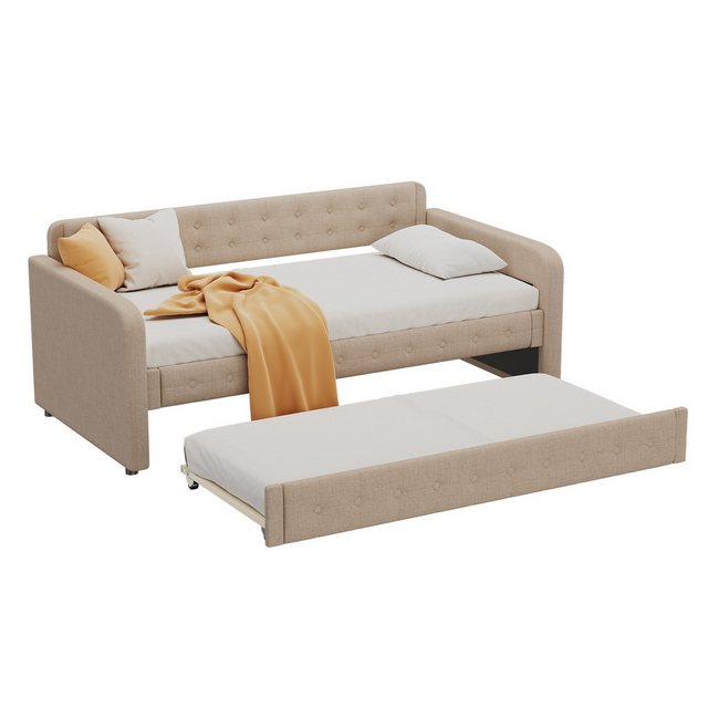 Tongtong Bett 90*200cm Sofabett, Tagesbett, mit ausziehbares rollbett,Beige, Sofabett