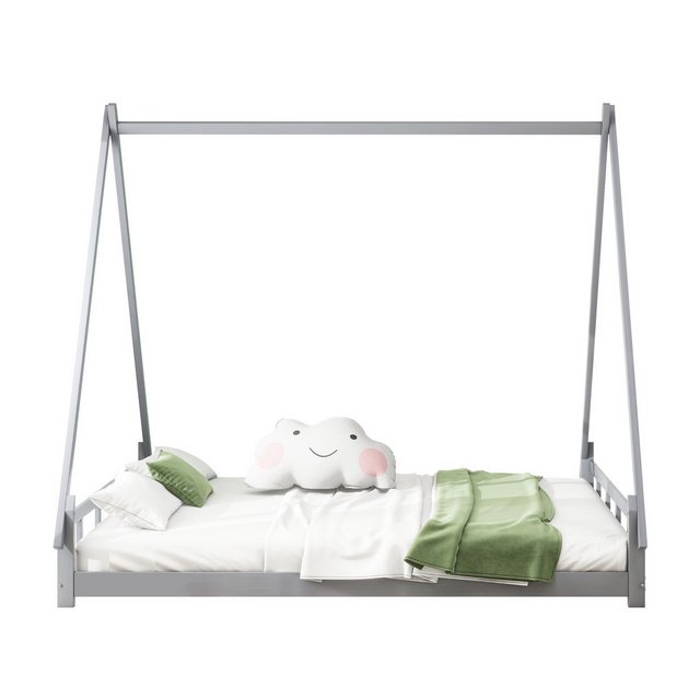 Tongtong Einzelbett Massivholz Kinderbett, Zeltbett, Hochbett, Jugendbett (Bis 200 kg belastbar, Ohne Matratze, 140*200 cm), Eltern-Kind-Bett, Massivholzbettgestell, grau