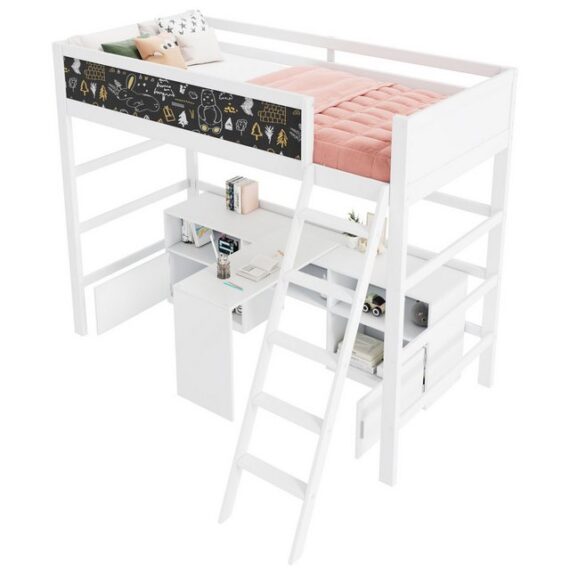 Tongtong Einzelbett Multifunktionales Kinderbett, Weiß (Bis 136 kg belastbar, Ohne Matratze, 90*200 cm), Mit Beweglicher Tisch & Brett& Kritzelbrett& Stauschrank & Leitern