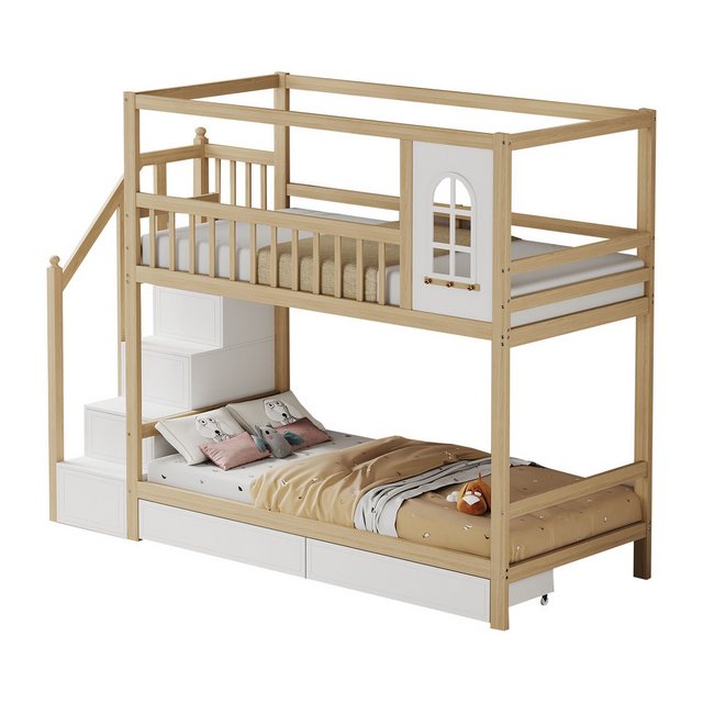 Tongtong Etagenbett Kinderbett, Jungen-Mädchen-Bett, Teenager-Bett,Doppelbett (Mit Aufbewahrungsschubladen und Sicherheitsleiter), Hausform mit Fenstern, Sicherheitszaun-Design, 90*200cm, Holzfarbe