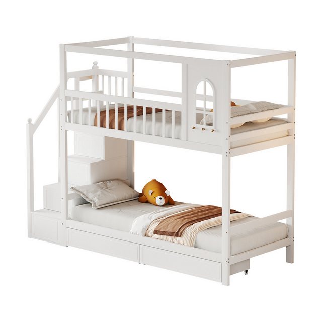 Tongtong Etagenbett Kinderbett, Jungen-Mädchen-Bett, Teenager-Bett,Doppelbett (Mit Aufbewahrungsschubladen und Sicherheitsleiter), Hausform mit Fenstern, Sicherheitszaun-Design, 90*200cm, Weiß