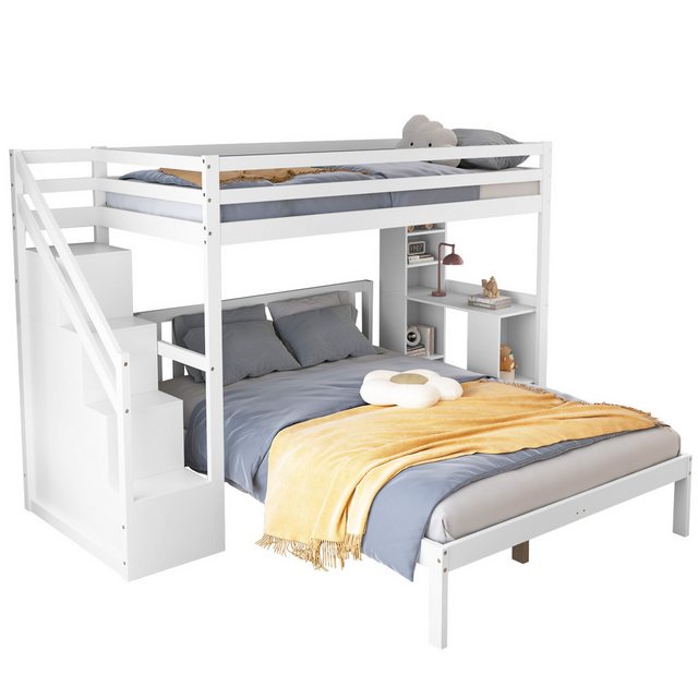 Tongtong Etagenbett mit seitlichen Ablagen, Multifunktionales Kinderbett,Mit Stautreppe (Ohne Matratze, 90*200cm+140*200cm), Kinder-Etagenbett, Großer Stauraum, Kiefer + MDF, Weiß