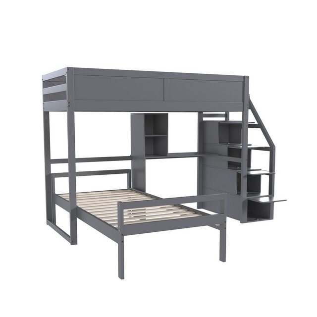 Tongtong Etagenbett,Jugendbett, Kinderbett, Zwei-in-Eins-Hochzaun-Design, Sicherheitstreppe mit verstecktem Staufach, 90*200cm, Grau