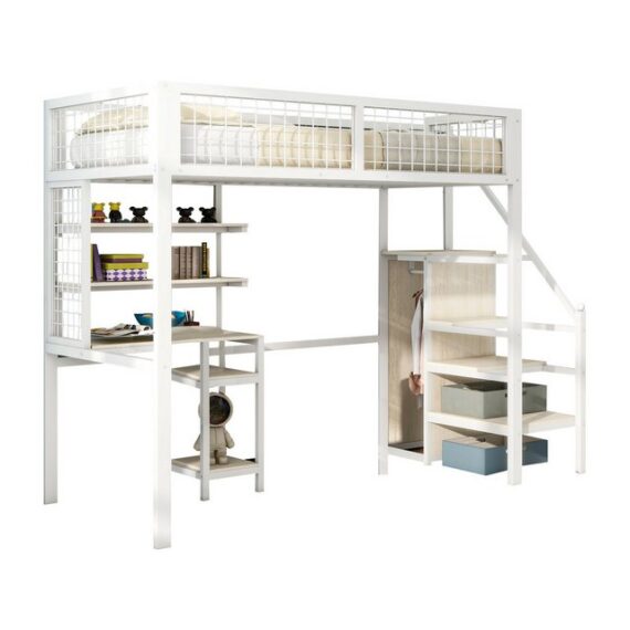 Ulife Hochbett Kinderbett 90x200 cm, mit Sicherheitsleiter, Weiß mit Kleiderschrank, mit Computertisch