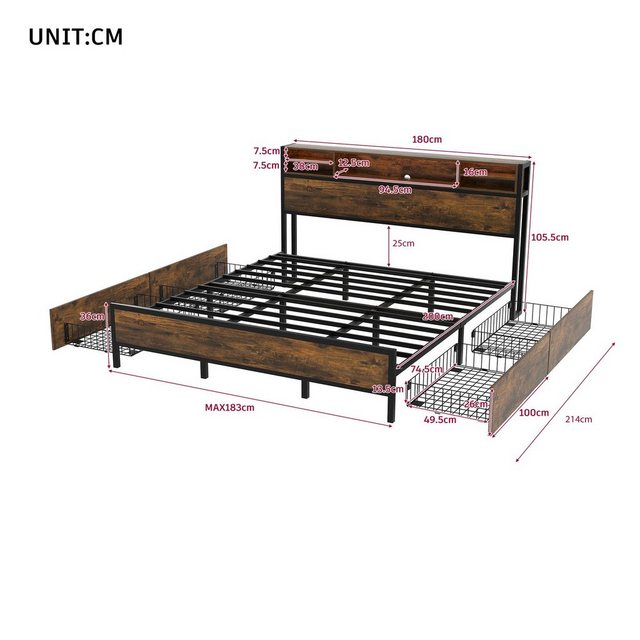 Ulife Metallbett Jugendbett Doppelbett mit Lattenrost und Kopfteil, LED-Bett mit USB-Ladeanschluss,180 x 200cm