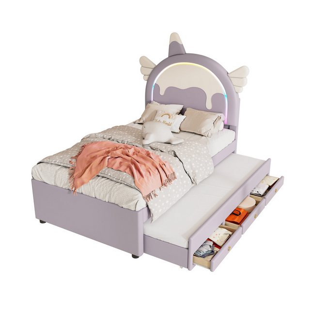 Ulife Polsterbett Einhornform Kinderbett Familienbett mit ausziehbarem Rollenbett (1-tlg., Ohne Matratze), Led-Licht, 90*200cm Lila