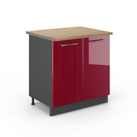 Vicco Spülenunterschrank Fame-Line, Bordeaux Hochglanz/Anthrazit, 80 cm mit Regal, AP Eiche