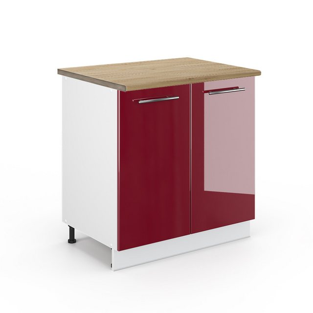 Vicco Spülenunterschrank Fame-Line, Bordeaux Hochglanz/Weiß, 80 cm mit Regal, AP Eiche