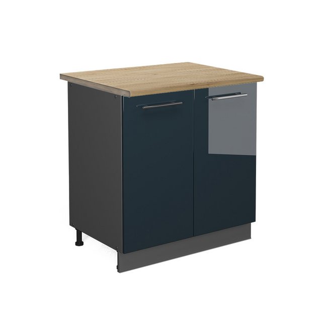 Vicco Spülenunterschrank Fame-Line, Dunkelblau Hochglanz/Anthrazit, 80 cm mit Regal, AP Eiche