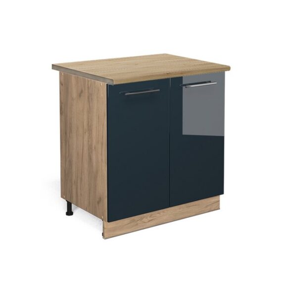 Vicco Spülenunterschrank Fame-Line, Dunkelblau Hochglanz/Goldkraft Eiche, 80 cm mit Regal, A...