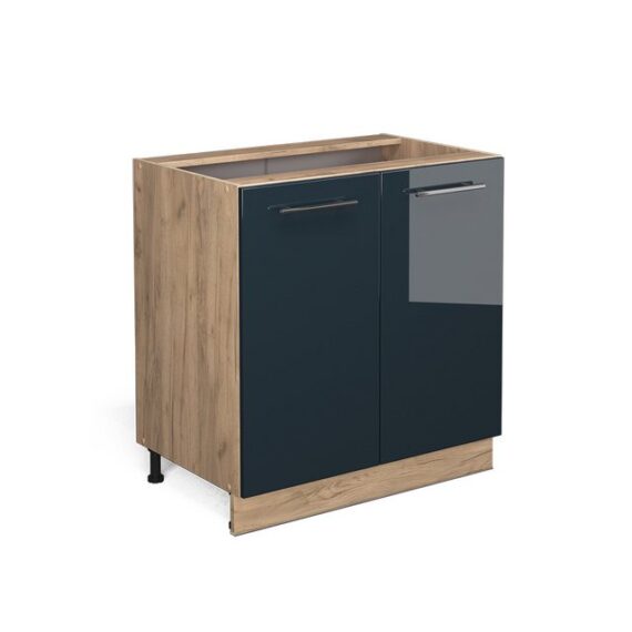 Vicco Spülenunterschrank Fame-Line, Dunkelblau Hochglanz/Goldkraft Eiche, 80 cm mit Regal, o...