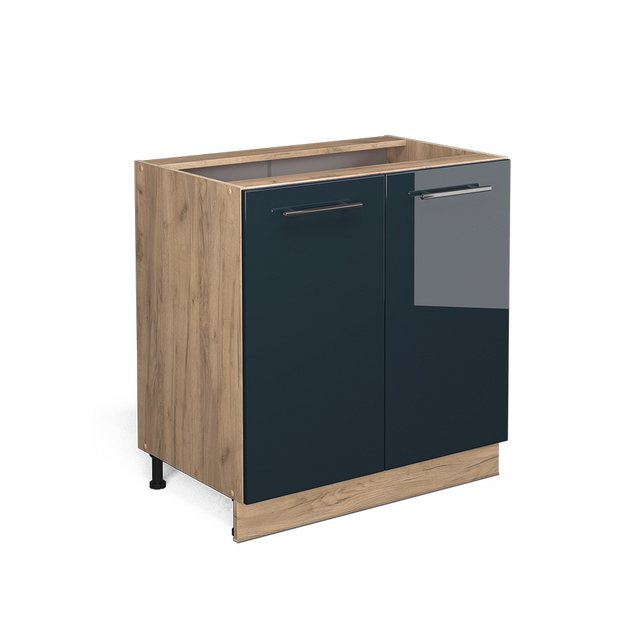 Vicco Spülenunterschrank Fame-Line, Dunkelblau Hochglanz/Goldkraft Eiche, 80 cm mit Regal, o…