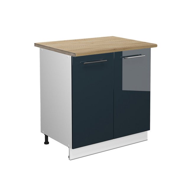 Vicco Spülenunterschrank Fame-Line, Dunkelblau Hochglanz/Weiß, 80 cm mit Regal, AP Eiche