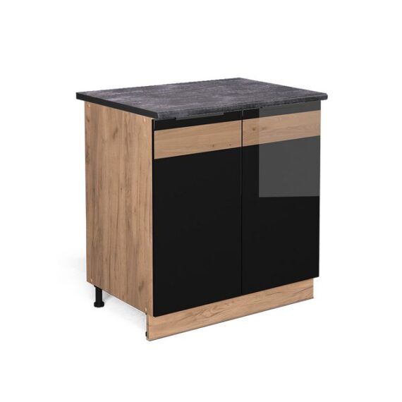 Vicco Spülenunterschrank Fame-Line, Schwarz Eiche hochglanz/Goldkraft Eiche, 80 cm mit Regal...