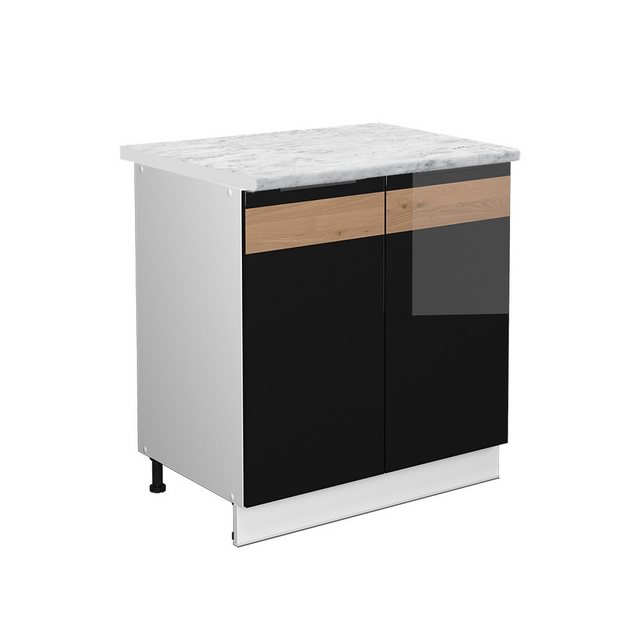 Vicco Spülenunterschrank Fame-Line, Schwarz Eiche hochglanz/Weiß, 80 cm mit Regal, AP Marmor