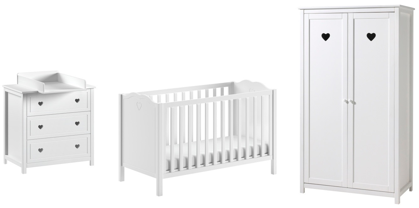 Vipack Babyzimmer-Komplettset „Amori 4-tlg. mit Herz-Ornamenten, MDF/Massiv weiß lackiert“, (4 tlg.)