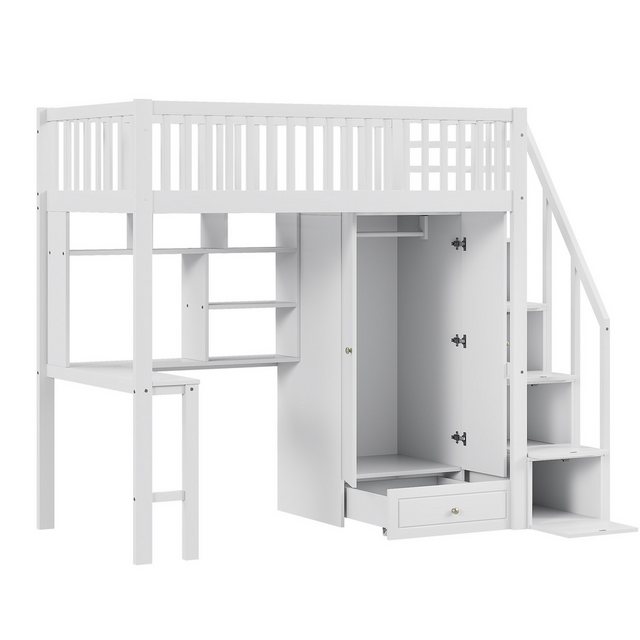 WISHDOR Kinderbett Hochbett mit großem Kleiderschrank Regal und Tisch (Stauraum Treppe Mehrzweckbetteinheit Holzbettgestell 90 x 200 cm), ohne Matratze