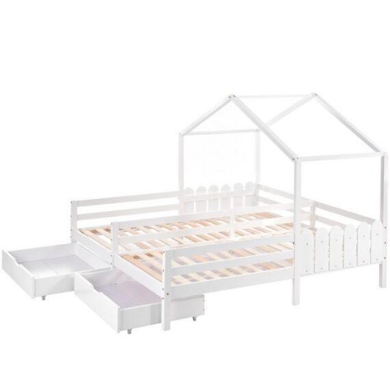 Welikera Hausbett Hausbett,Doppelbett,2 Einzelbett,Kinderbett mit 2 MDF-Schubladen, Schubladen auf Rollen,Lattenrost aus Kiefer,Gitterbett,Weiß,200x90cm