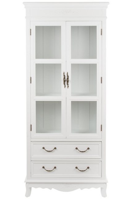 Wohnando Vitrine Großer Vitrinenschrank "Melody", Holz, 31x70x177 cm, Hochschrank, weiß mit 2 Glastüren, 2 Schubladen, Shabby, Wohnzimmer, Hochschrank