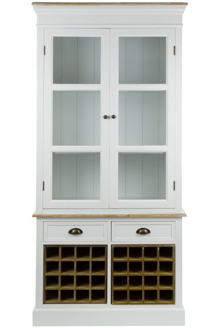 Wohnando Vitrine Weißer Vitrinenschrank "Clara", Flaschenfächer, Landhaus aus Holz, robust, 88x38x195 cm, Glasvitrine, Küchenschrank