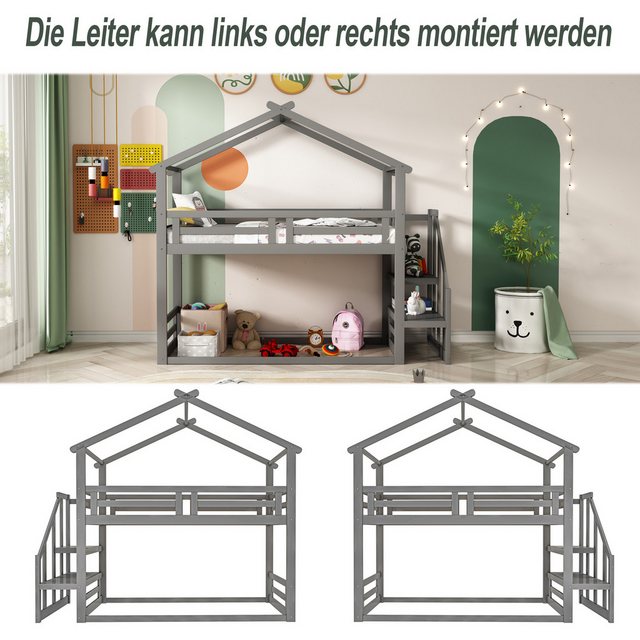 XDOVET Kinderbett 90*200cm, Niedriges Etagenbett mit Sicherheitstreppe, Etagenbettgestell aus Massivholz mit Lattenrost, Grau