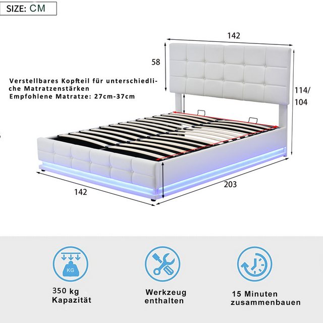 XDOVET Polsterbett LED Beleuchtung & Hydraulisch anhebbarer Bettstauraum 140×200, Bettkasten & Lattenrost Bezug aus Kunstleder Doppelbett