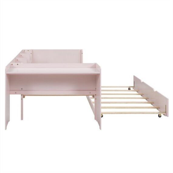 XDeer Babybett 90*200cm, Flachbett, mit ausziehbarem Bett, mit Schreibtisch, drei Regale an der Seite des Bettes