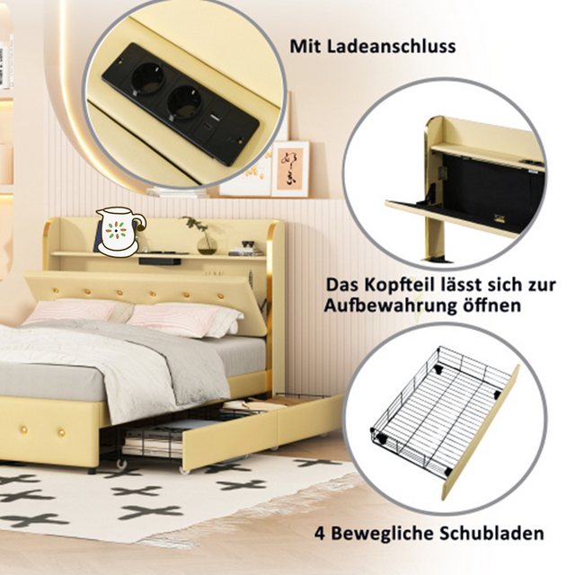 XDeer Bett Polsterbett 140 x 200 cm, Doppelbett, Kopfteil mit USB-Anschluss, Jugendbett mit Lattenrost, mit Schubladen