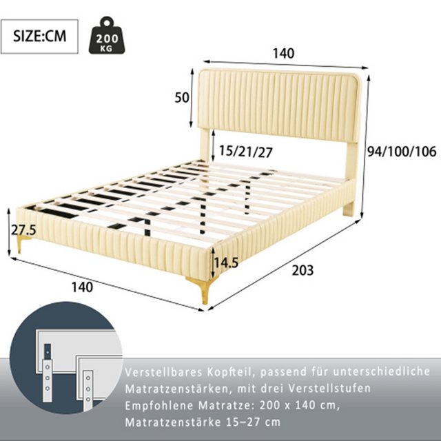 XDeer Bettgestell Polsterbett 140 x 200 cm, Doppelbett, Höhenverstellbares Kopfteil, Jugendbett mit Lattenrost, mit Metallbeinen