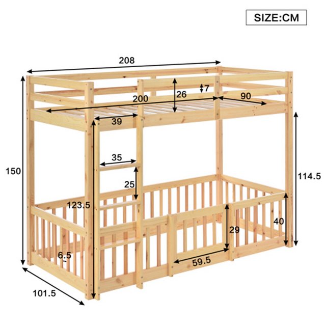 XDeer Etagenbett Etagenbett mit rechtwinkliger Treppe, Bett mit Zäune und Türchen, Kinderbett mit Fallschutz und Gitter, Massivholz(200x90cm)