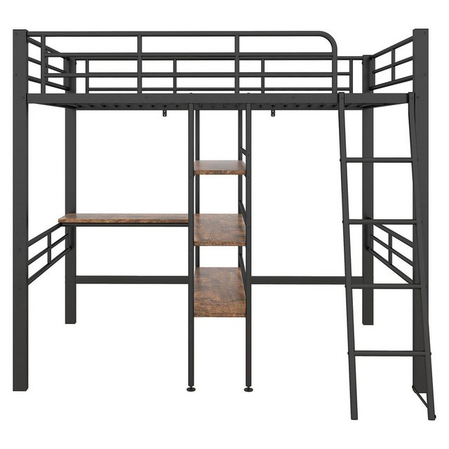 XDeer Hochbett Hausbett mit Schreibtisch Mehrere Regale Geländer Leiter Eisenrahmen Hochbett Kinderbett Einzelbett 90*200cm Schwarz