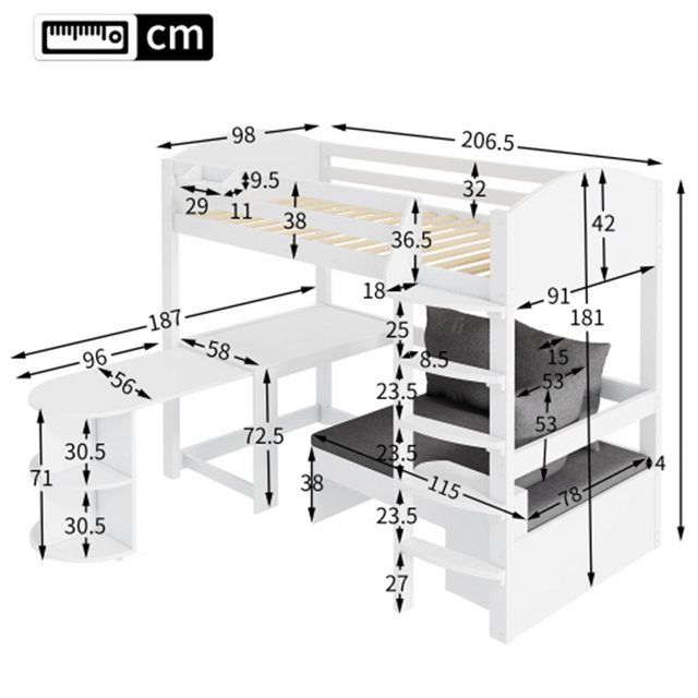 XDeer Hochbett Hochbett für Kinder,Multifunktionales Kinderbett, mit eine Leiter, mit ausziehbarem Tisch, Sofa mit Stauraum mit drei Kissen