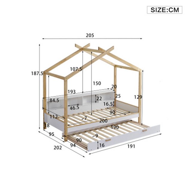 XDeer Jugendbett Hausbett,Kinderbett mit vier Fächern Regale, mit ausziehbarem, Rollbett, Einzelbett, Holzbett, Kieferrahmen