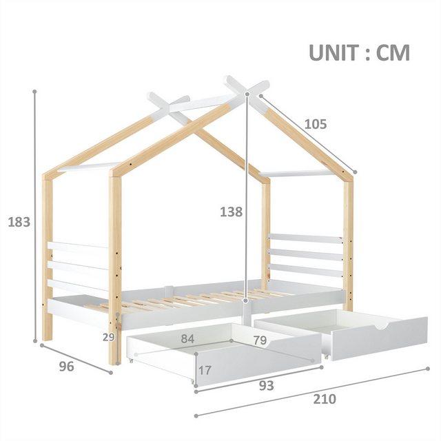 XDeer Jugendbett Kinderbett Hausbett mit Schubladen, Massivholz mit Lattenrost, Kiefernholz Hausbett, Kinder und Jugendzimmer, weiß+holzfarbe