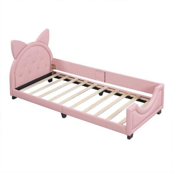 XDeer Jugendbett Kinderbett Hausbetten Form von Karton-Ohren, mit Holz Lattenroste und Rückenlehne 90 x 200cm Rosa